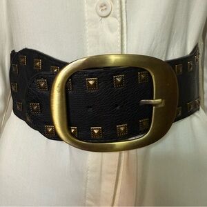 Black PU studded leather elastic waistband belt with old gold tone buckle